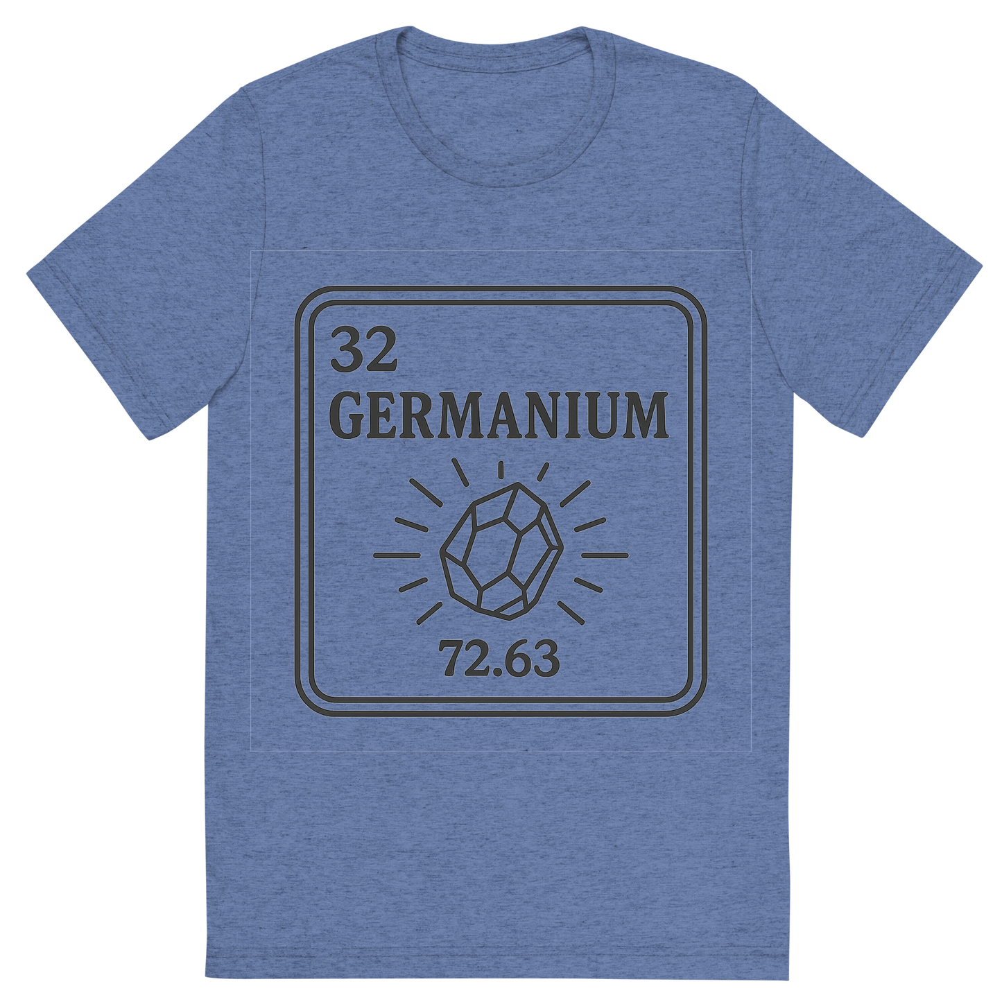 Front view of a Premium Tri-Blend Crew Neck T-Shirt in Blue showing 'A line art, nostalgic graphic of germanium's entry on the periodic table, use a dark color for the lines and text'