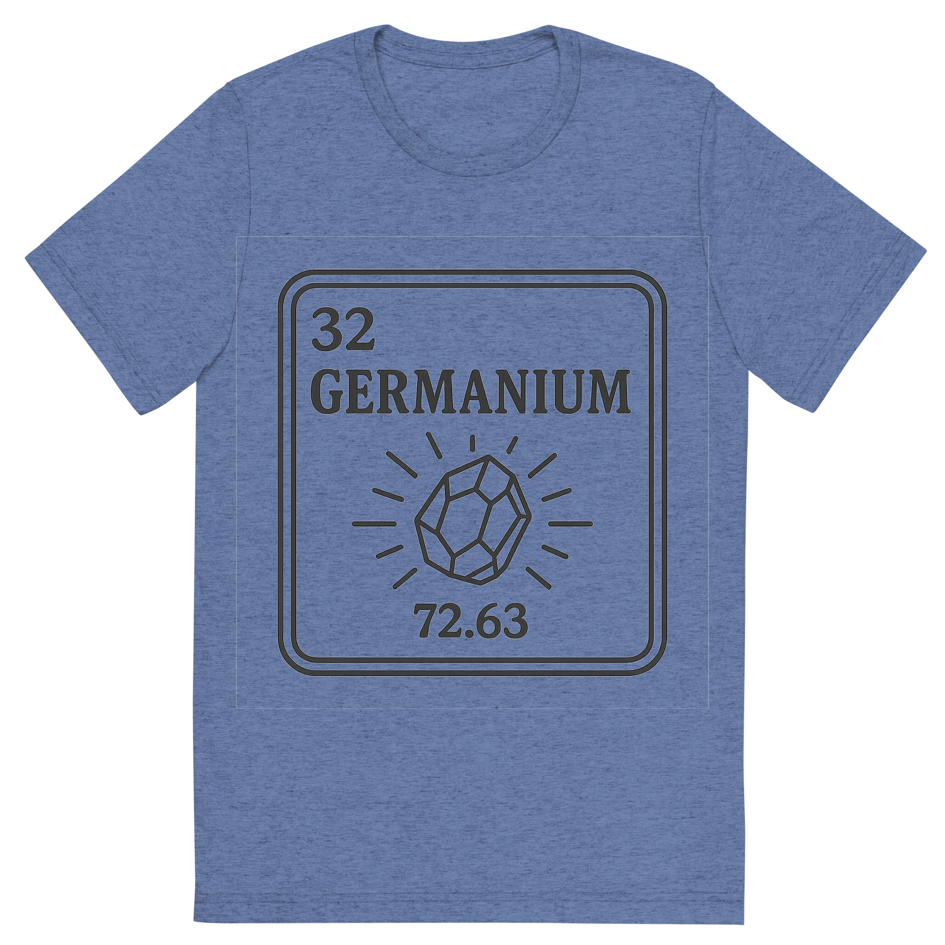 Front view of a Premium Tri-Blend Crew Neck T-Shirt in Blue showing 'A line art, nostalgic graphic of germanium's entry on the periodic table, use a dark color for the lines and text'