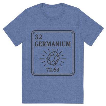 Front view of a Premium Tri-Blend Crew Neck T-Shirt in Blue showing 'A line art, nostalgic graphic of germanium's entry on the periodic table, use a dark color for the lines and text'