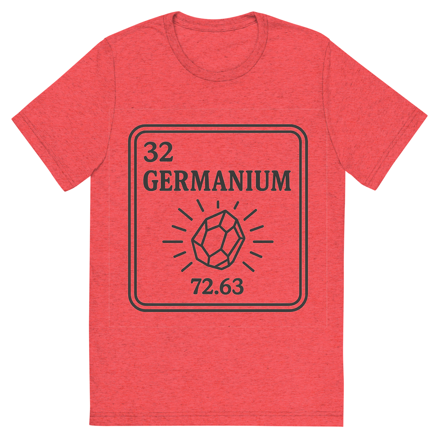 Front view of a Premium Tri-Blend Crew Neck T-Shirt in Red showing 'A line art, nostalgic graphic of germanium's entry on the periodic table, use a dark color for the lines and text'