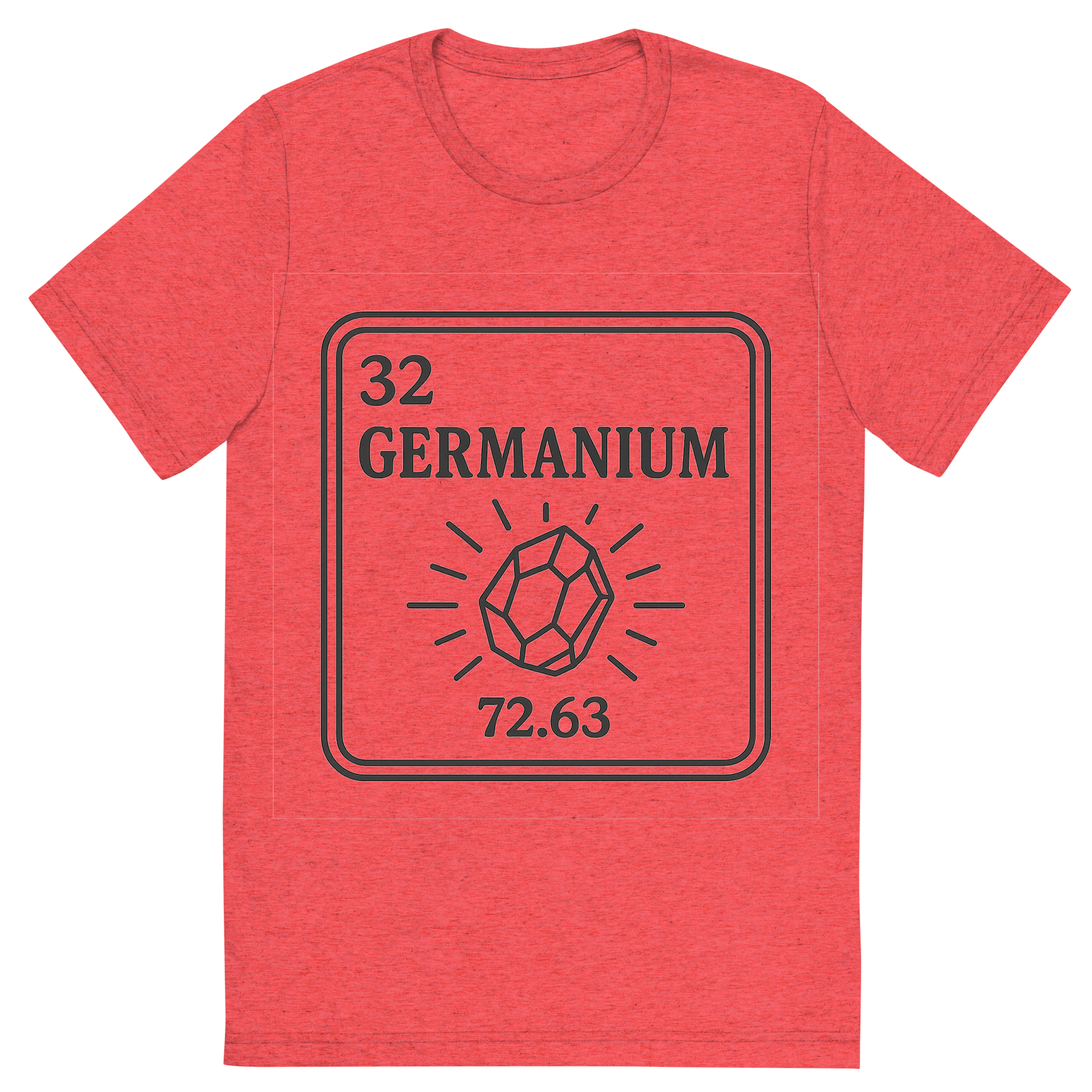 Front view of a Premium Tri-Blend Crew Neck T-Shirt in Red showing 'A line art, nostalgic graphic of germanium's entry on the periodic table, use a dark color for the lines and text'