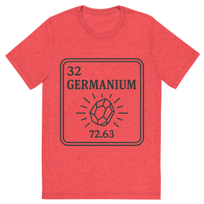 Front view of a Premium Tri-Blend Crew Neck T-Shirt in Red showing 'A line art, nostalgic graphic of germanium's entry on the periodic table, use a dark color for the lines and text'