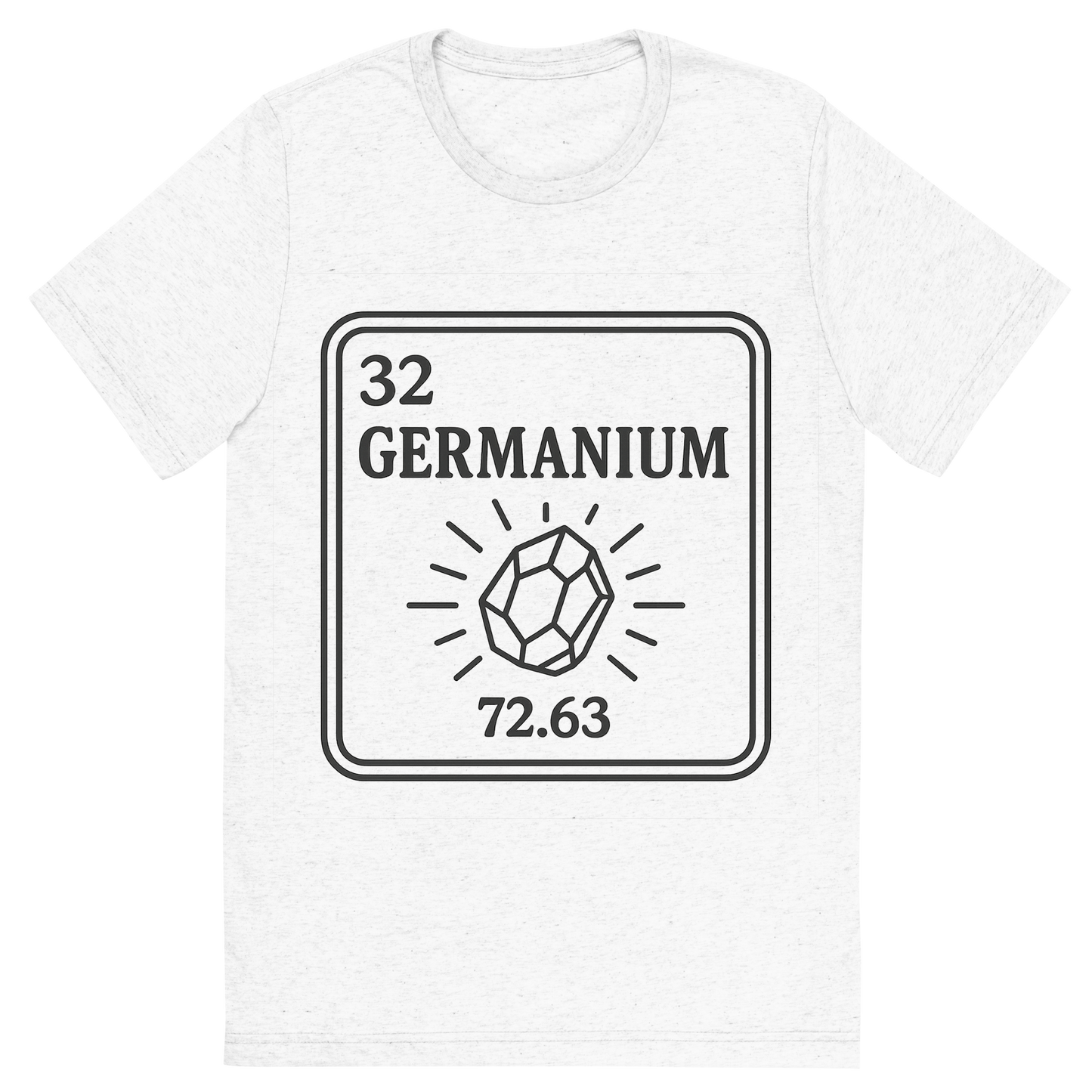 Front view of a Premium Tri-Blend Crew Neck T-Shirt in Solid White showing 'A line art, nostalgic graphic of germanium's entry on the periodic table, use a dark color for the lines and text'
