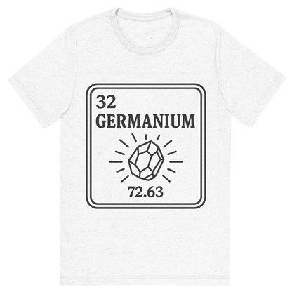 Front view of a Premium Tri-Blend Crew Neck T-Shirt in Solid White showing 'A line art, nostalgic graphic of germanium's entry on the periodic table, use a dark color for the lines and text'