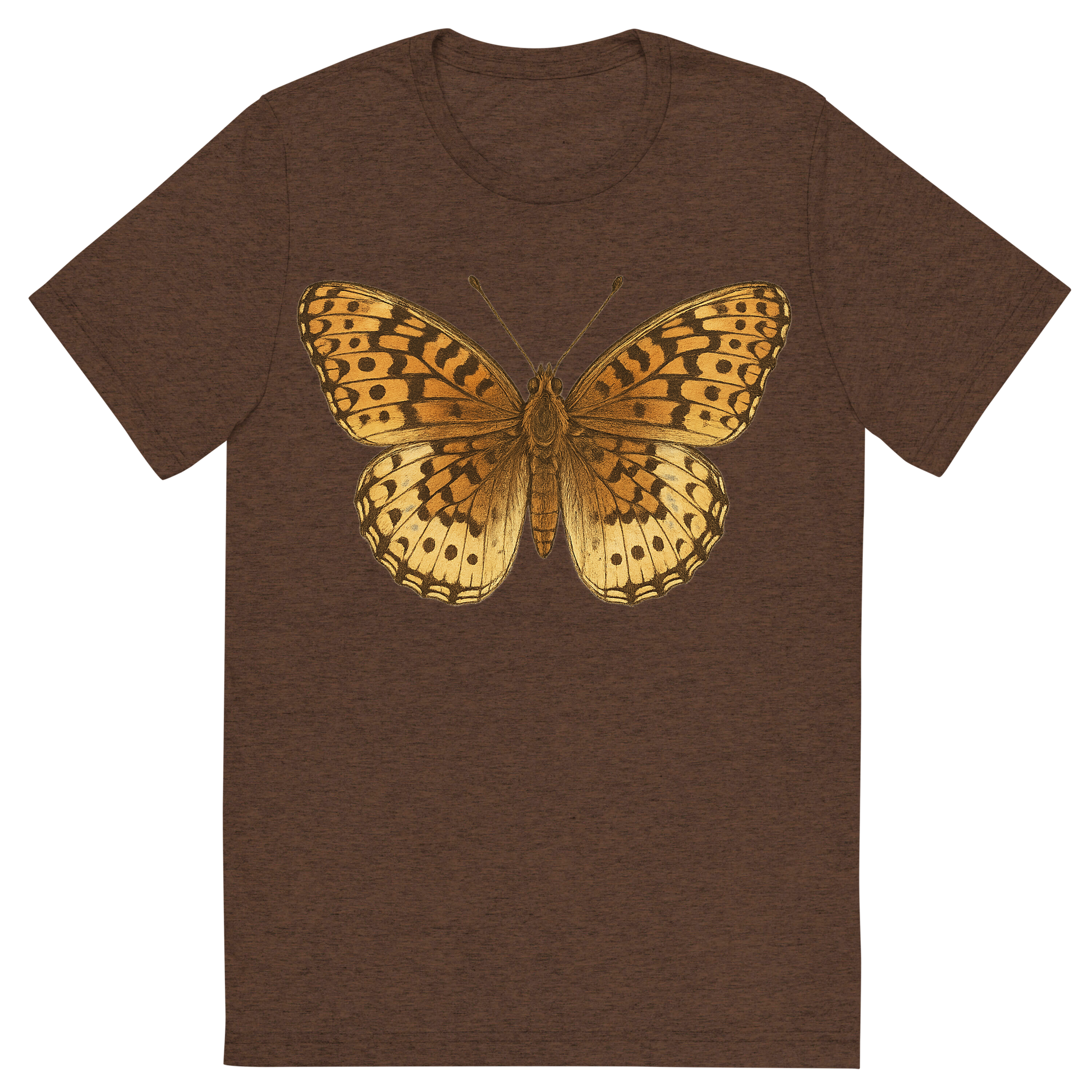 Front view of a Premium Tri-Blend Crew Neck T-Shirt in Brown showing 'A hand-drawn, tranquil graphic of great spangled fritillary butterfly'