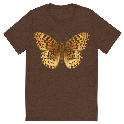 Front view of a Premium Tri-Blend Crew Neck T-Shirt in Brown showing 'A hand-drawn, tranquil graphic of great spangled fritillary butterfly'