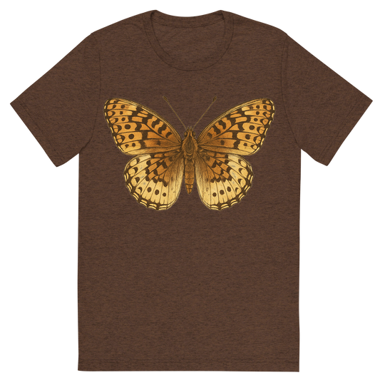 Front view of a Premium Tri-Blend Crew Neck T-Shirt in Brown showing 'A hand-drawn, tranquil graphic of great spangled fritillary butterfly'