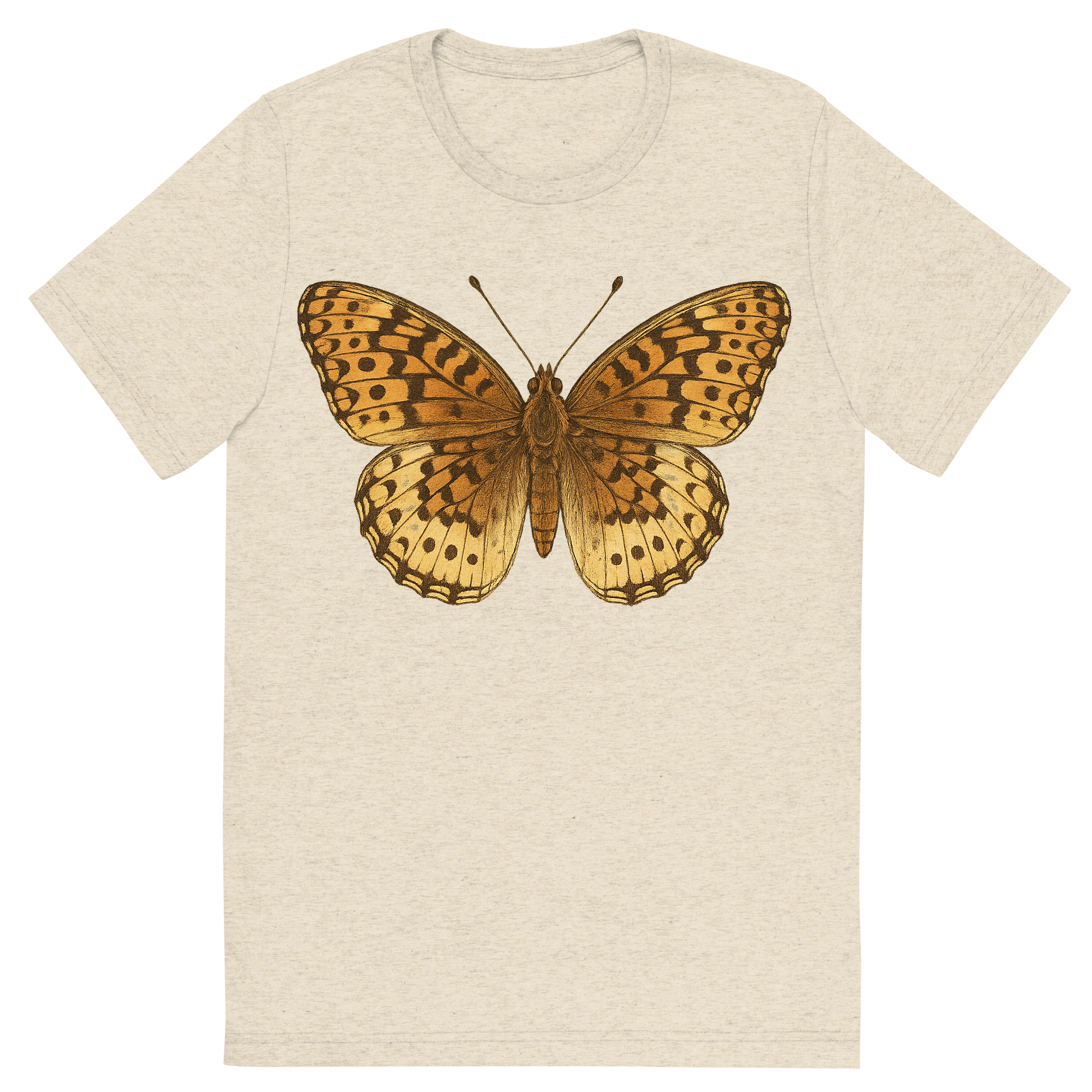 Front view of a Premium Tri-Blend Crew Neck T-Shirt in Oatmeal showing 'A hand-drawn, tranquil graphic of great spangled fritillary butterfly'