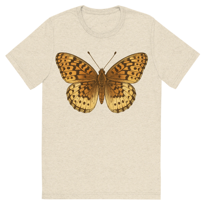 Front view of a Premium Tri-Blend Crew Neck T-Shirt in Oatmeal showing 'A hand-drawn, tranquil graphic of great spangled fritillary butterfly'