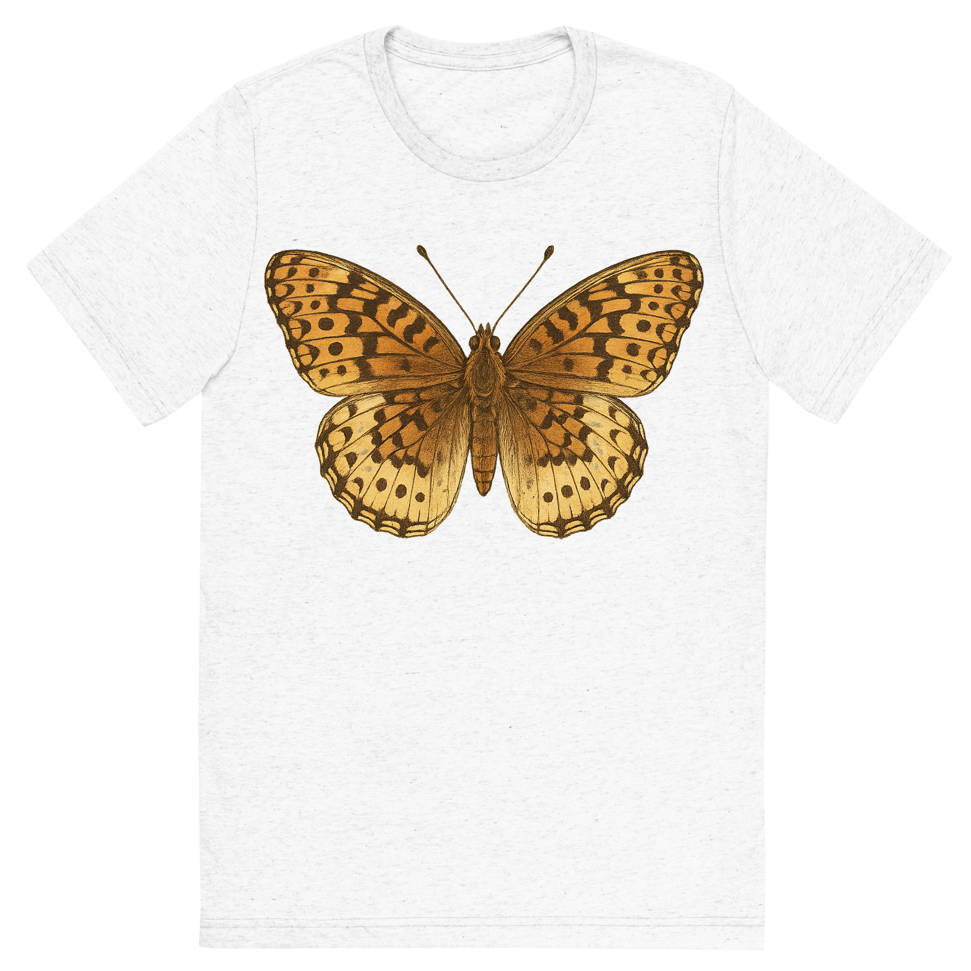 Front view of a Premium Tri-Blend Crew Neck T-Shirt in Solid White showing 'A hand-drawn, tranquil graphic of great spangled fritillary butterfly'
