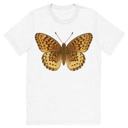 Front view of a Premium Tri-Blend Crew Neck T-Shirt in Solid White showing 'A hand-drawn, tranquil graphic of great spangled fritillary butterfly'