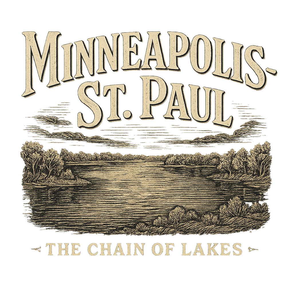 A typographic, nostalgic graphic of a typographic illustration of the words 'minneapolis-st. paul' with a vintage line art drawing of the chain of lakes – a t-shirt design