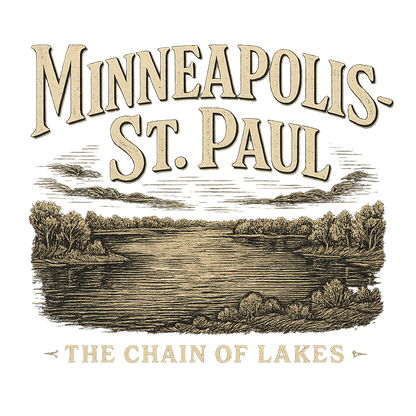 A typographic, nostalgic graphic of a typographic illustration of the words 'minneapolis-st. paul' with a vintage line art drawing of the chain of lakes – a t-shirt design