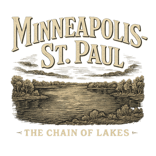 A typographic, nostalgic graphic of a typographic illustration of the words 'minneapolis-st. paul' with a vintage line art drawing of the chain of lakes – a t-shirt design