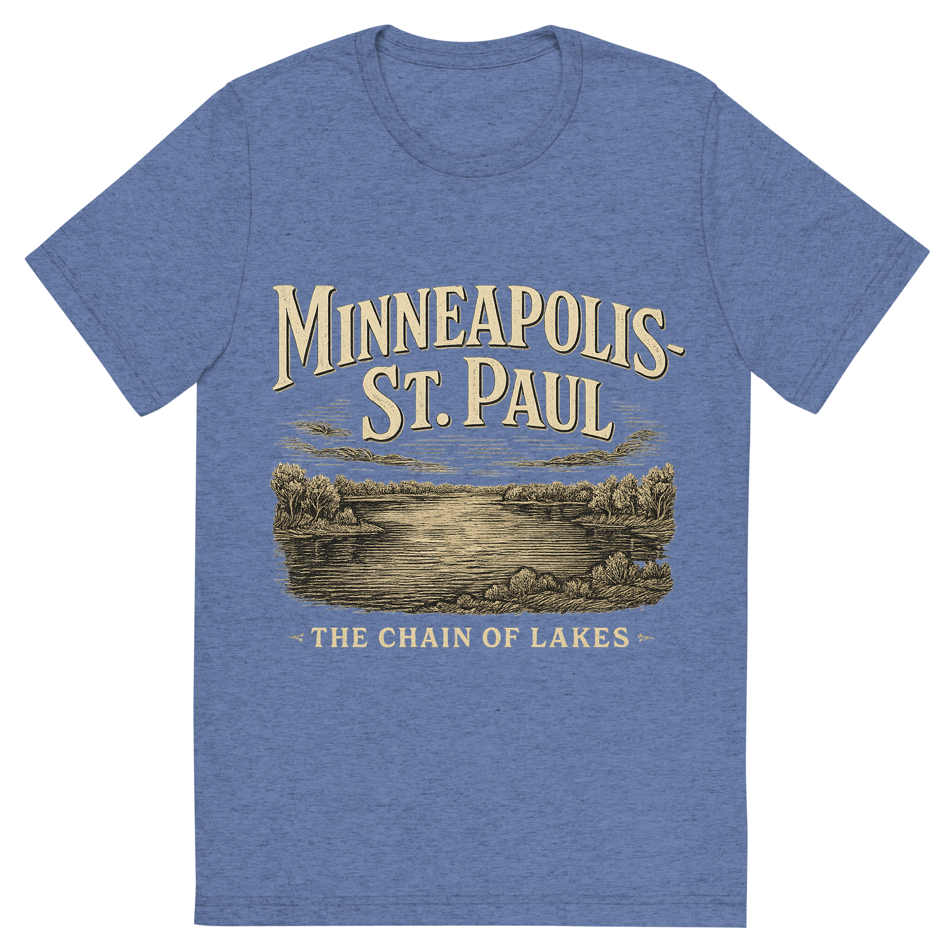 Front view of a Premium Tri-Blend Crew Neck T-Shirt in Blue showing 'A typographic, nostalgic graphic of a typographic illustration of the words 'minneapolis-st. paul' with a vintage line art drawing of the chain of lakes'
