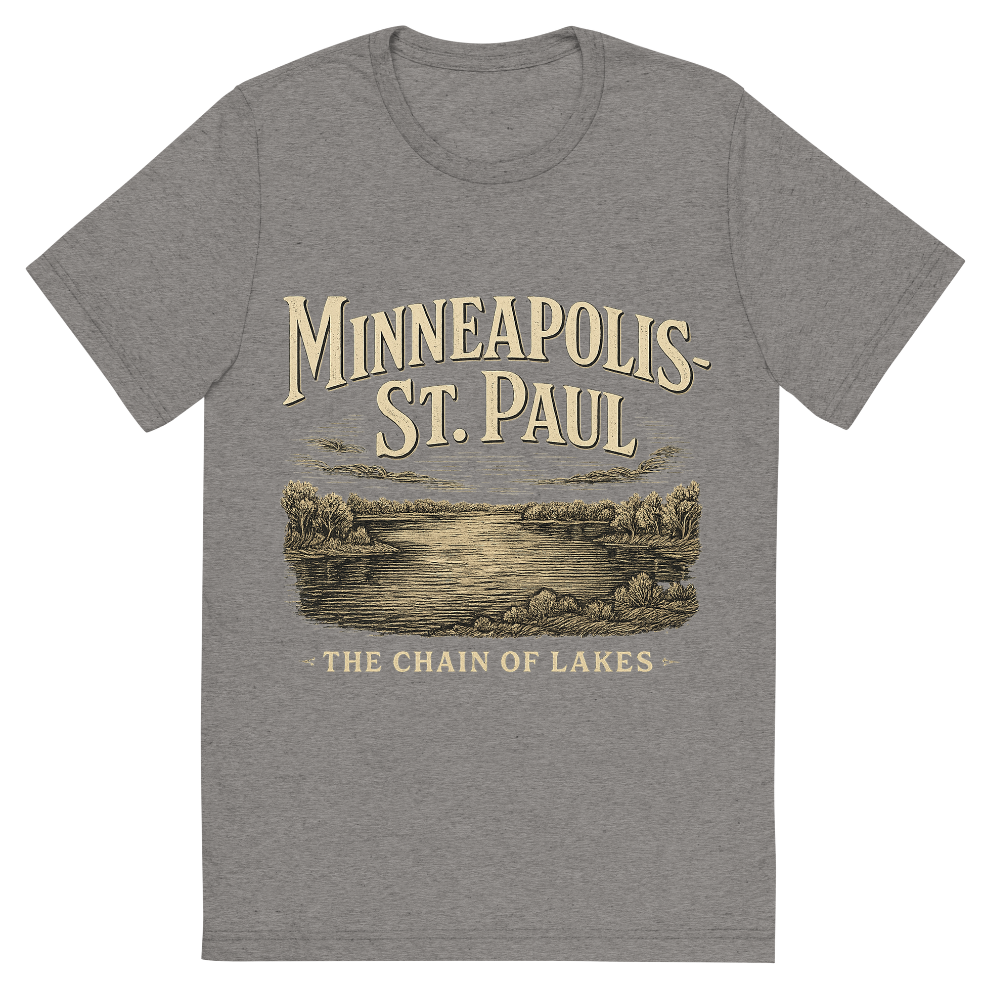 Front view of a Premium Tri-Blend Crew Neck T-Shirt in Grey showing 'A typographic, nostalgic graphic of a typographic illustration of the words 'minneapolis-st. paul' with a vintage line art drawing of the chain of lakes'