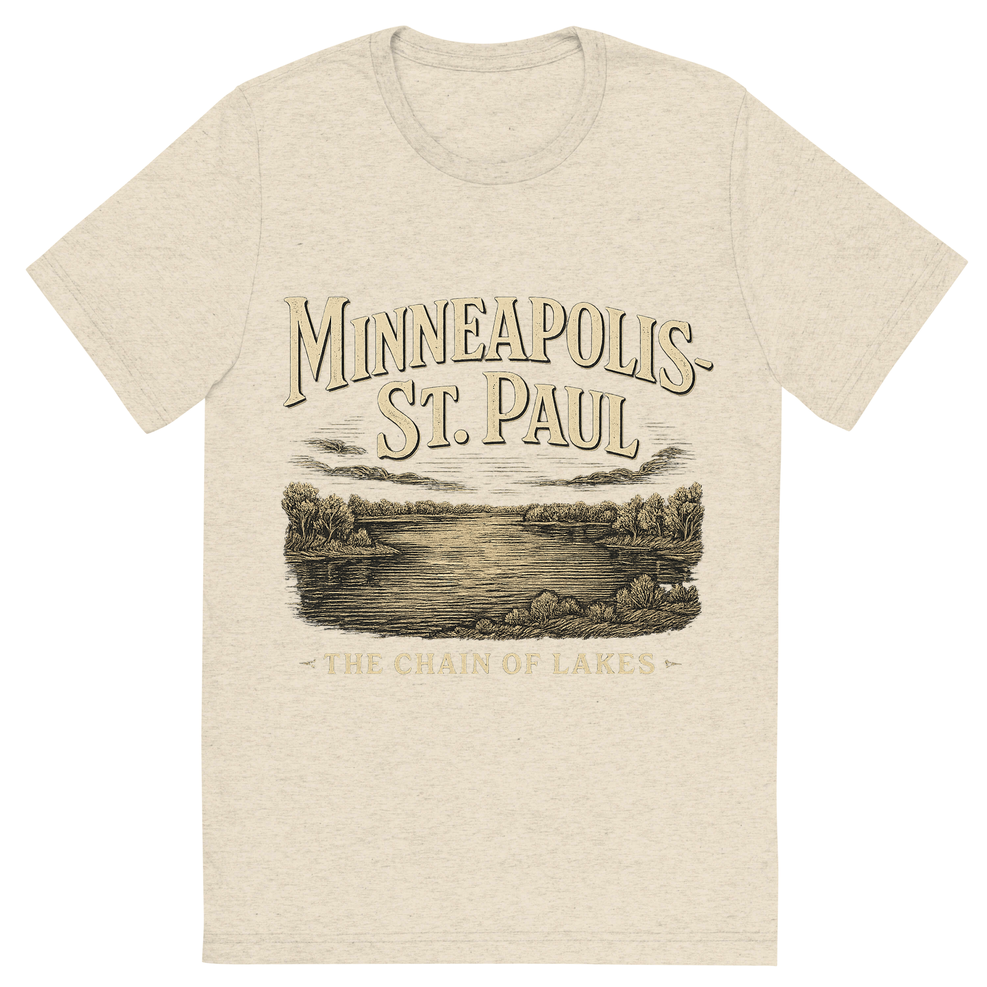 Front view of a Premium Tri-Blend Crew Neck T-Shirt in Oatmeal showing 'A typographic, nostalgic graphic of a typographic illustration of the words 'minneapolis-st. paul' with a vintage line art drawing of the chain of lakes'