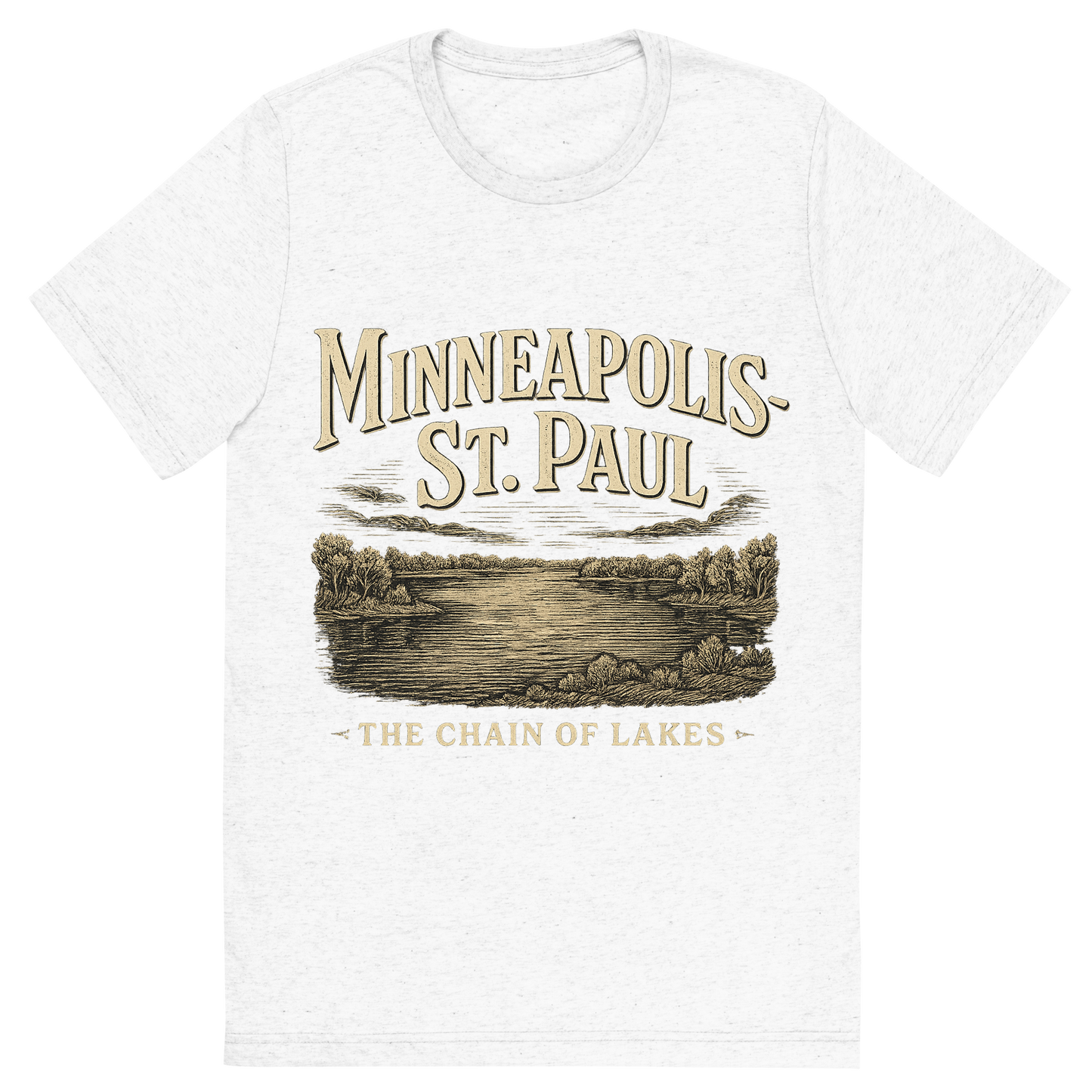 Front view of a Premium Tri-Blend Crew Neck T-Shirt in Solid White showing 'A typographic, nostalgic graphic of a typographic illustration of the words 'minneapolis-st. paul' with a vintage line art drawing of the chain of lakes'