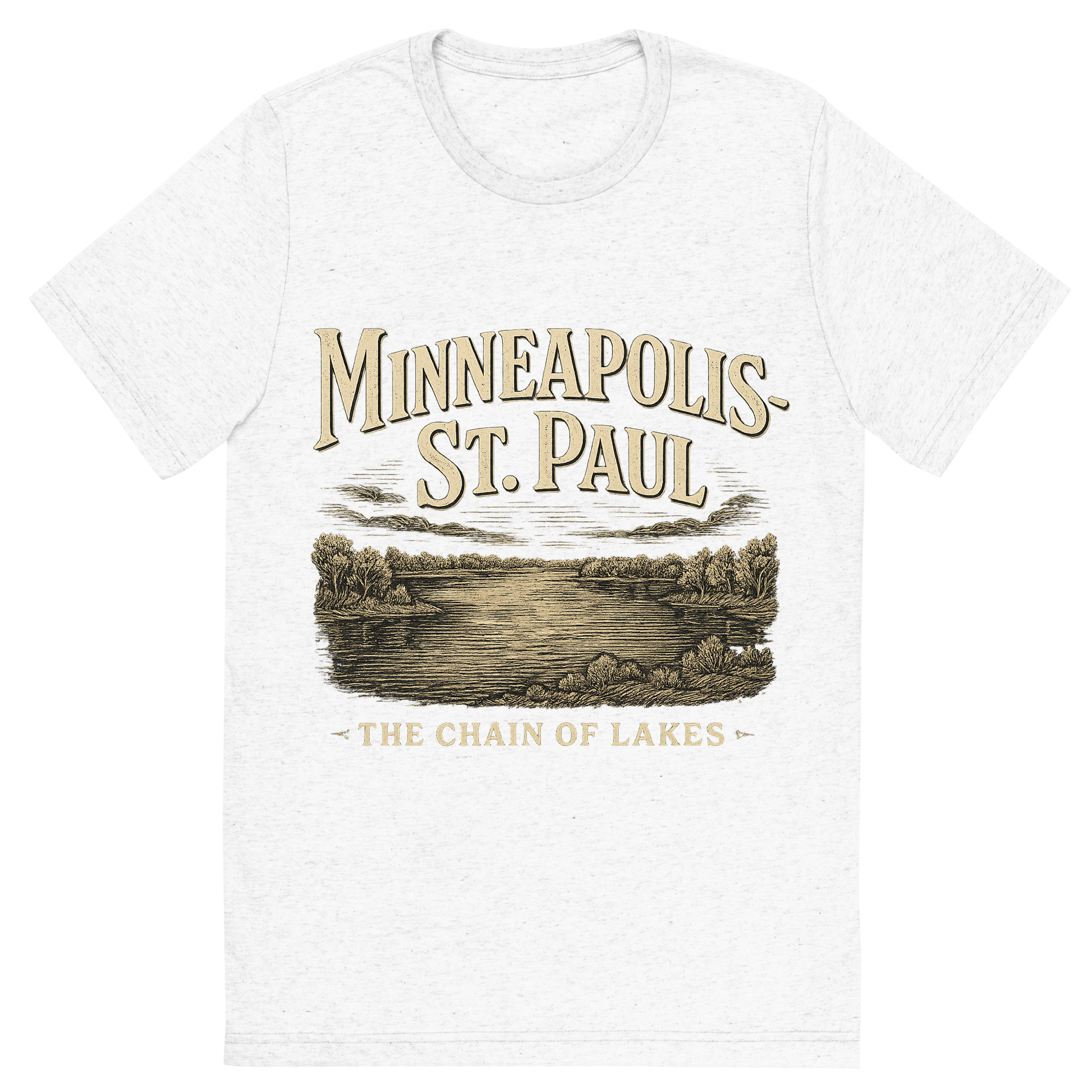 Front view of a Premium Tri-Blend Crew Neck T-Shirt in Solid White showing 'A typographic, nostalgic graphic of a typographic illustration of the words 'minneapolis-st. paul' with a vintage line art drawing of the chain of lakes'