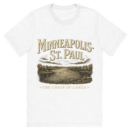 Front view of a Premium Tri-Blend Crew Neck T-Shirt in Solid White showing 'A typographic, nostalgic graphic of a typographic illustration of the words 'minneapolis-st. paul' with a vintage line art drawing of the chain of lakes'