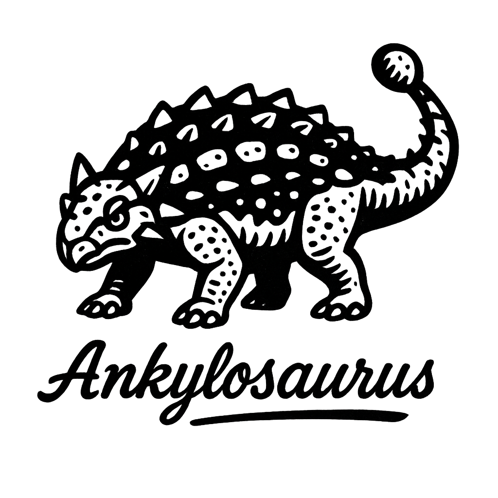 A flat, neutral graphic of a bold ink drawing of an ankylosaurus with armored plates and a clubbed tail. “ankylosaurus” is inscribed below in script. ink illustration on a white background. - a t-shirt design