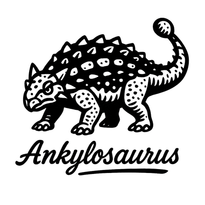 A flat, neutral graphic of a bold ink drawing of an ankylosaurus with armored plates and a clubbed tail. “ankylosaurus” is inscribed below in script. ink illustration on a white background. - a t-shirt design