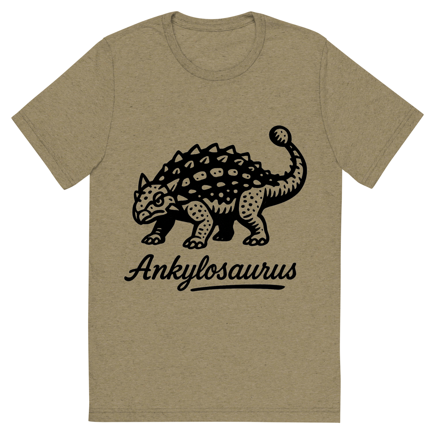 Front view of a Premium Tri-Blend Crew Neck T-Shirt in Olive showing 'A flat, neutral graphic of a bold ink drawing of an ankylosaurus with armored plates and a clubbed tail. “ankylosaurus” is inscribed below in script. ink illustration on a white background.'