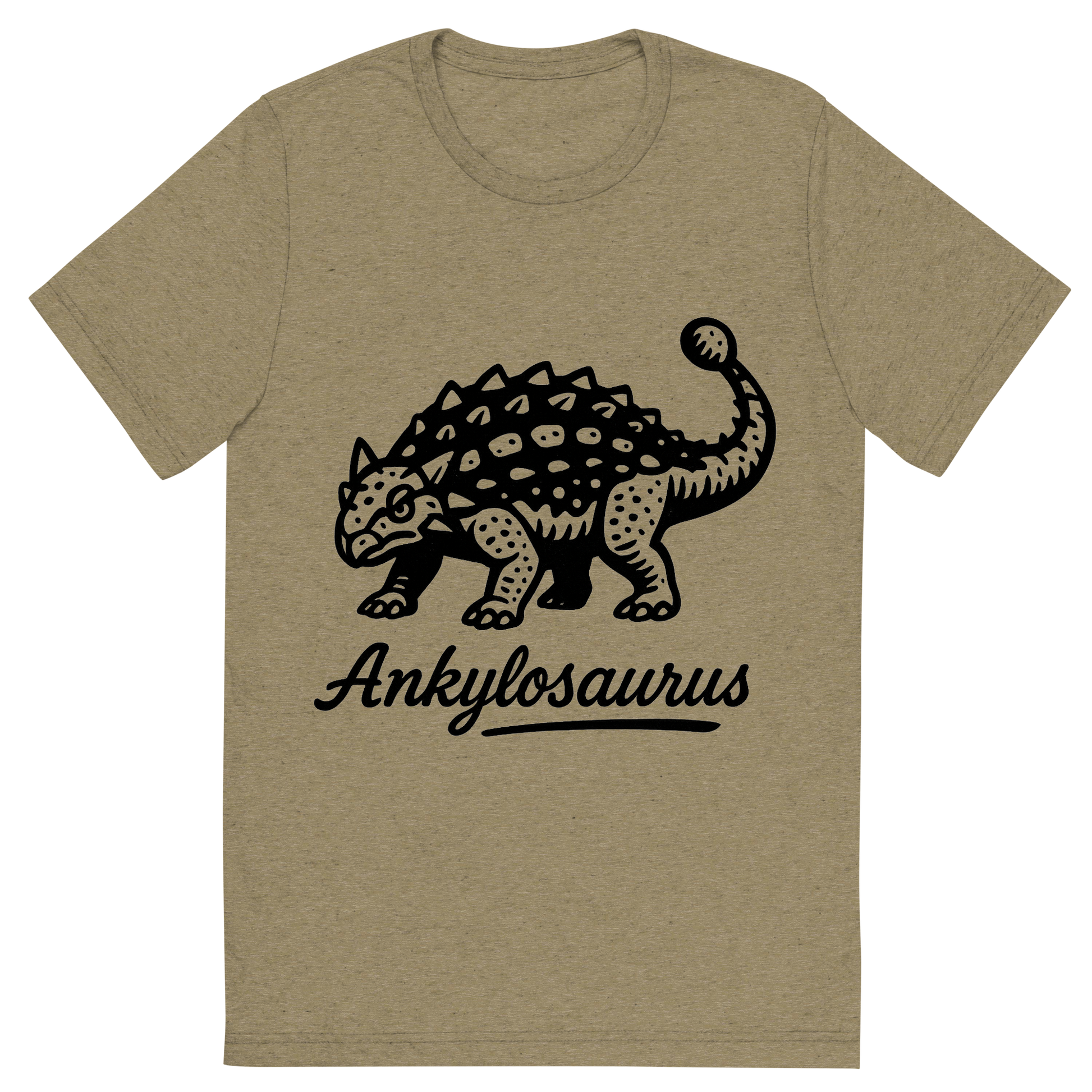 Front view of a Premium Tri-Blend Crew Neck T-Shirt in Olive showing 'A flat, neutral graphic of a bold ink drawing of an ankylosaurus with armored plates and a clubbed tail. “ankylosaurus” is inscribed below in script. ink illustration on a white background.'