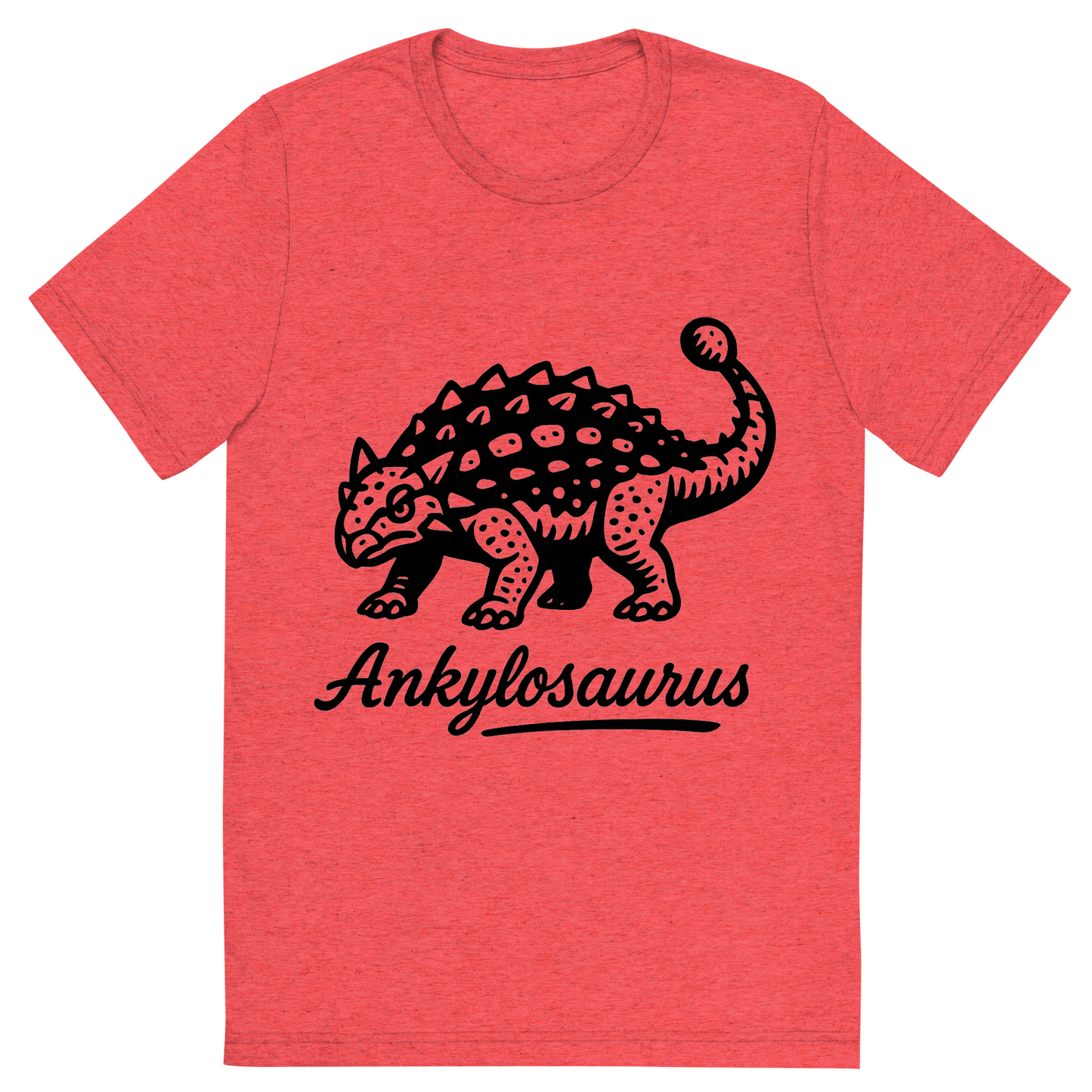Front view of a Premium Tri-Blend Crew Neck T-Shirt in Red showing 'A flat, neutral graphic of a bold ink drawing of an ankylosaurus with armored plates and a clubbed tail. “ankylosaurus” is inscribed below in script. ink illustration on a white background.'