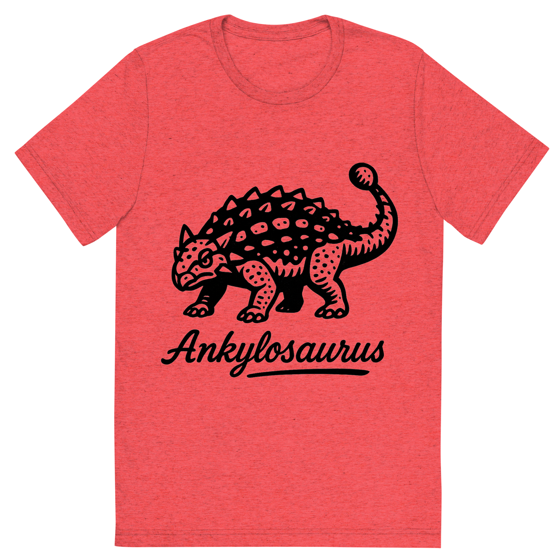 Front view of a Premium Tri-Blend Crew Neck T-Shirt in Red showing 'A flat, neutral graphic of a bold ink drawing of an ankylosaurus with armored plates and a clubbed tail. “ankylosaurus” is inscribed below in script. ink illustration on a white background.'