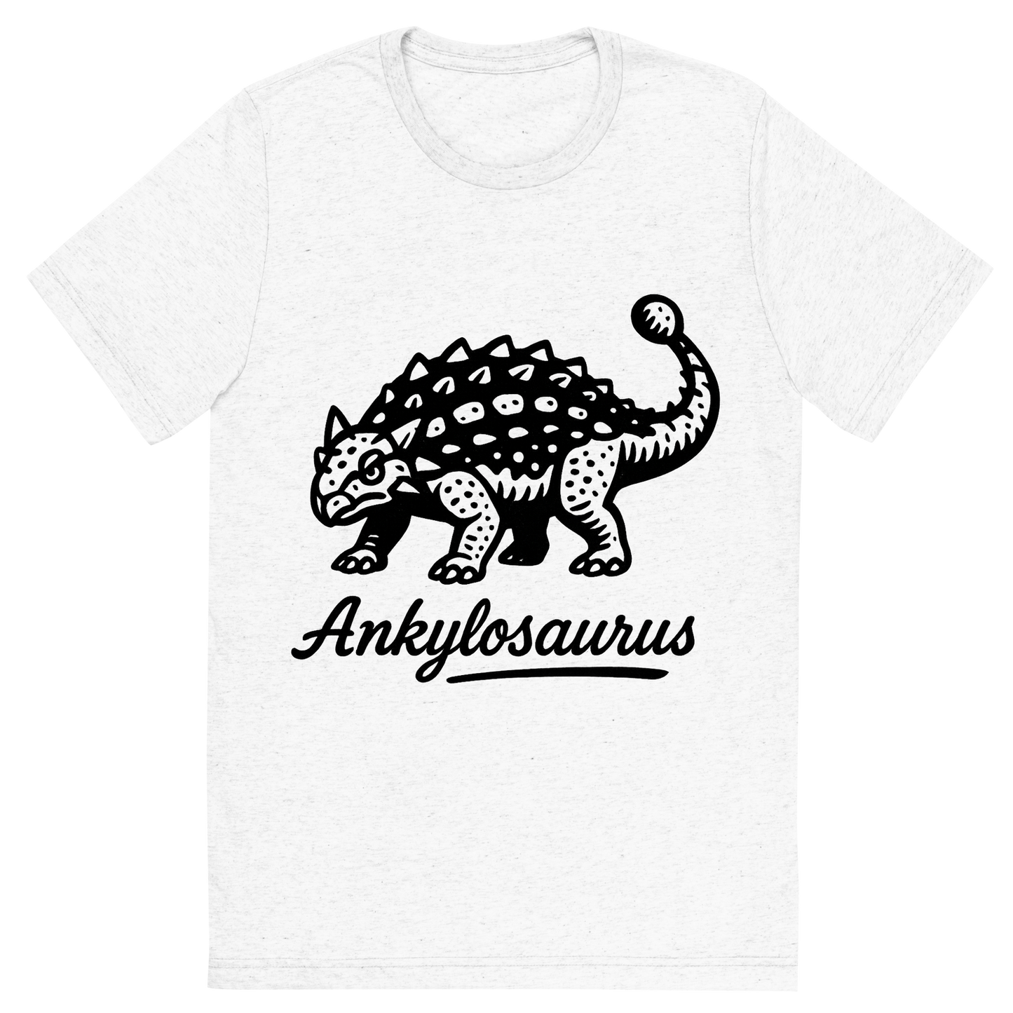 Front view of a Premium Tri-Blend Crew Neck T-Shirt in Solid White showing 'A flat, neutral graphic of a bold ink drawing of an ankylosaurus with armored plates and a clubbed tail. “ankylosaurus” is inscribed below in script. ink illustration on a white background.'