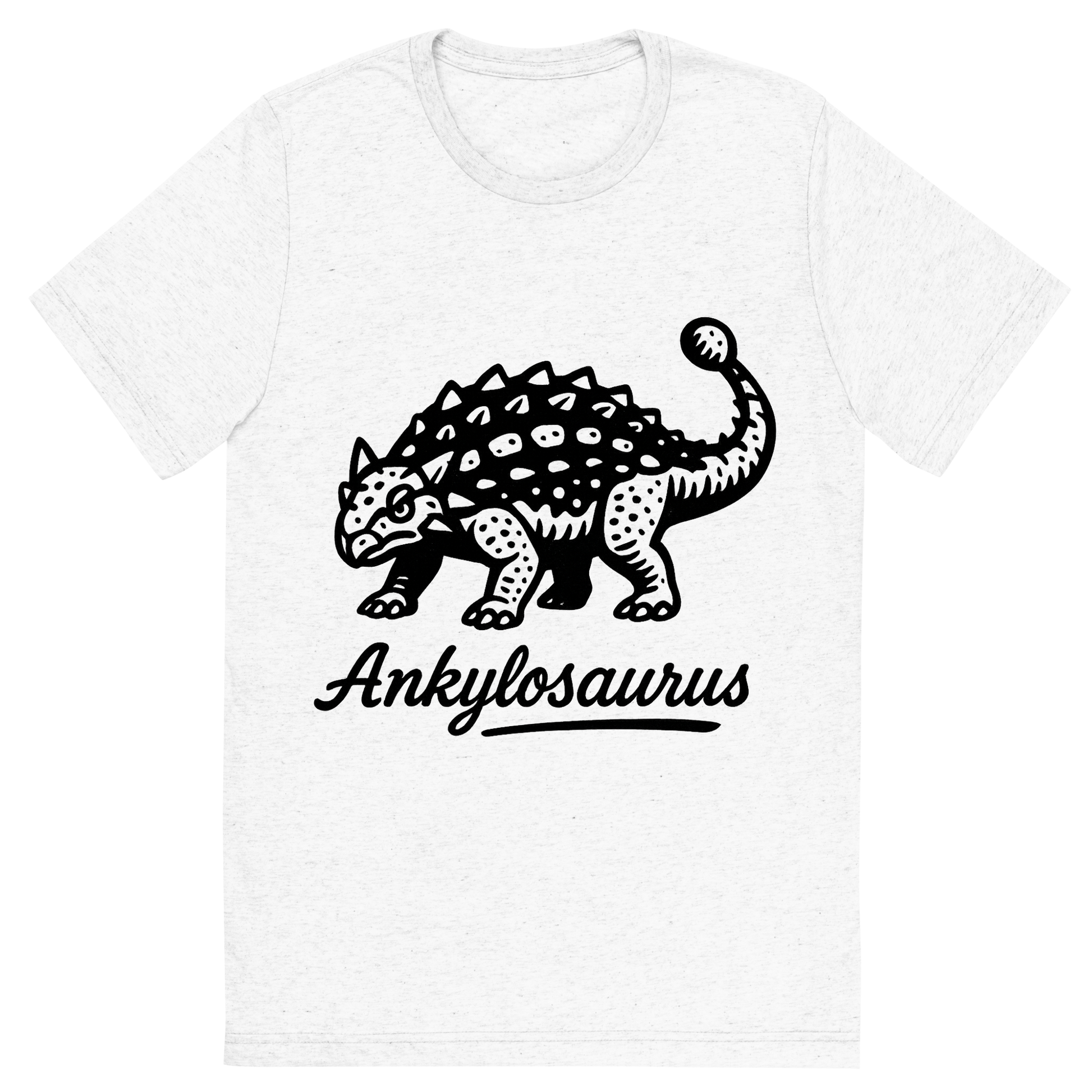 Front view of a Premium Tri-Blend Crew Neck T-Shirt in Solid White showing 'A flat, neutral graphic of a bold ink drawing of an ankylosaurus with armored plates and a clubbed tail. “ankylosaurus” is inscribed below in script. ink illustration on a white background.'