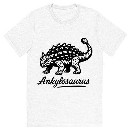 Front view of a Premium Tri-Blend Crew Neck T-Shirt in Solid White showing 'A flat, neutral graphic of a bold ink drawing of an ankylosaurus with armored plates and a clubbed tail. “ankylosaurus” is inscribed below in script. ink illustration on a white background.'