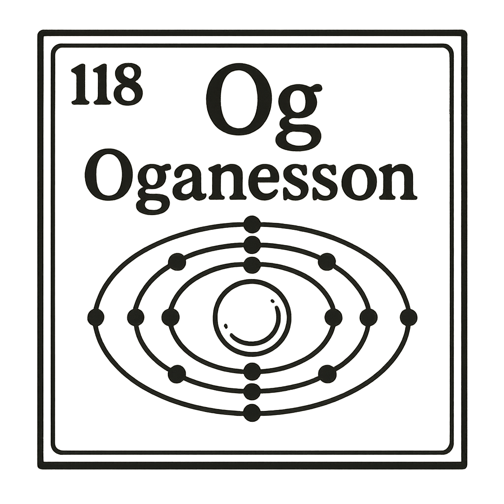 A line art, nostalgic graphic of oganesson's entry on the periodic table