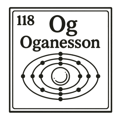 A line art, nostalgic graphic of oganesson's entry on the periodic table