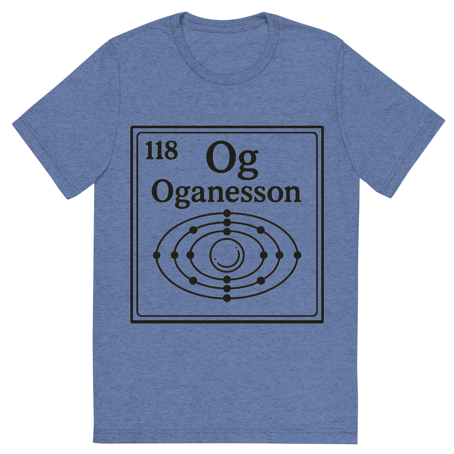Front view of a Premium Tri-Blend Crew Neck T-Shirt in Blue showing 'A line art, nostalgic graphic of oganesson's entry on the periodic table, use a dark color for the lines and text'