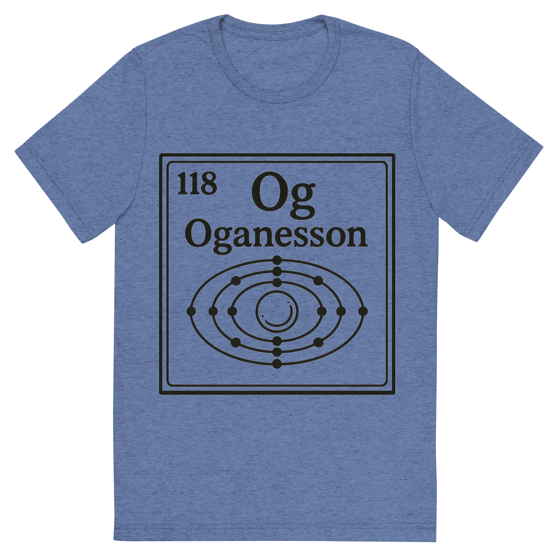 Front view of a Premium Tri-Blend Crew Neck T-Shirt in Blue showing 'A line art, nostalgic graphic of oganesson's entry on the periodic table, use a dark color for the lines and text'