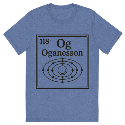 Front view of a Premium Tri-Blend Crew Neck T-Shirt in Blue showing 'A line art, nostalgic graphic of oganesson's entry on the periodic table, use a dark color for the lines and text'