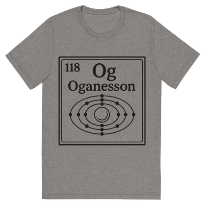 Front view of a Premium Tri-Blend Crew Neck T-Shirt in Grey showing 'A line art, nostalgic graphic of oganesson's entry on the periodic table, use a dark color for the lines and text'