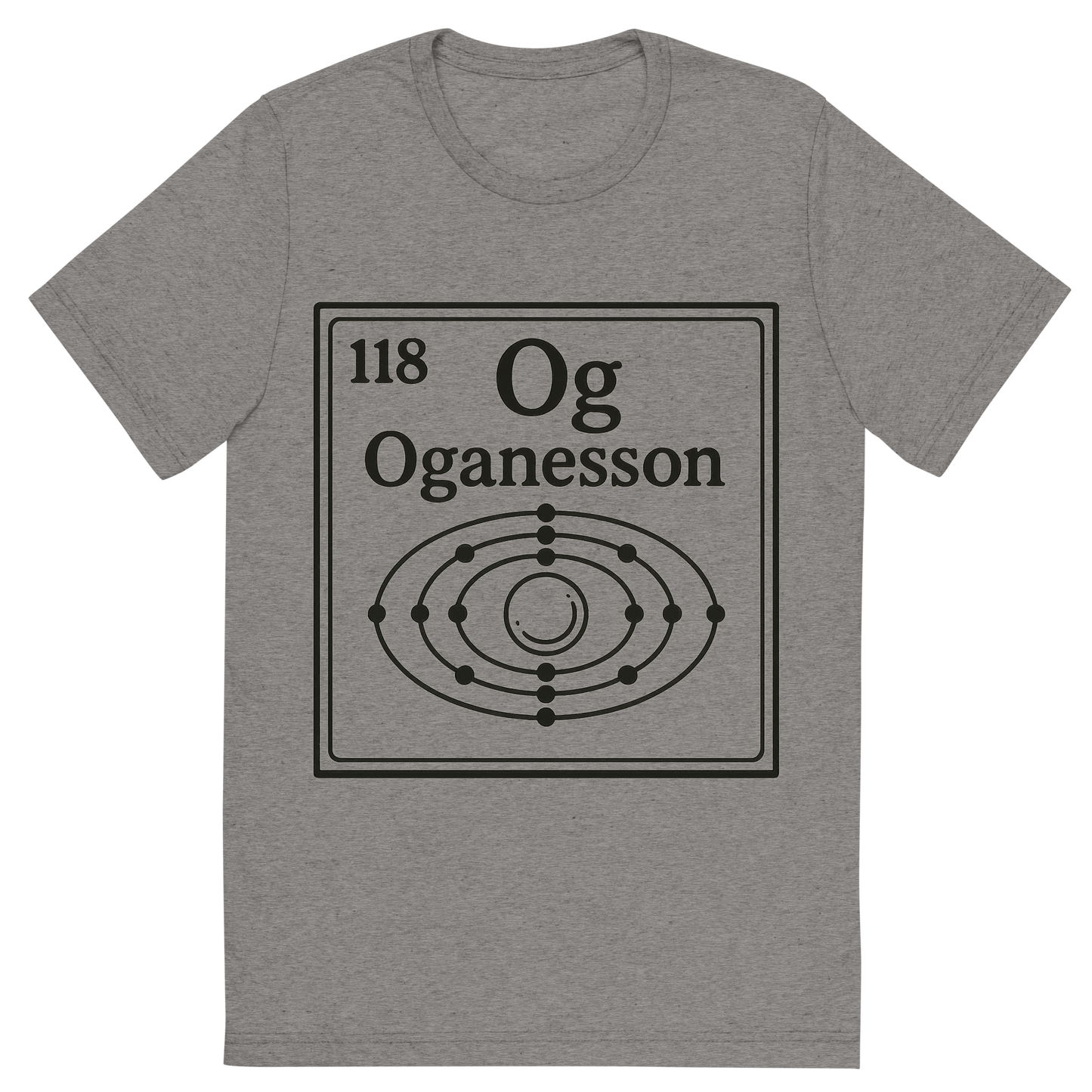 Front view of a Premium Tri-Blend Crew Neck T-Shirt in Grey showing 'A line art, nostalgic graphic of oganesson's entry on the periodic table, use a dark color for the lines and text'