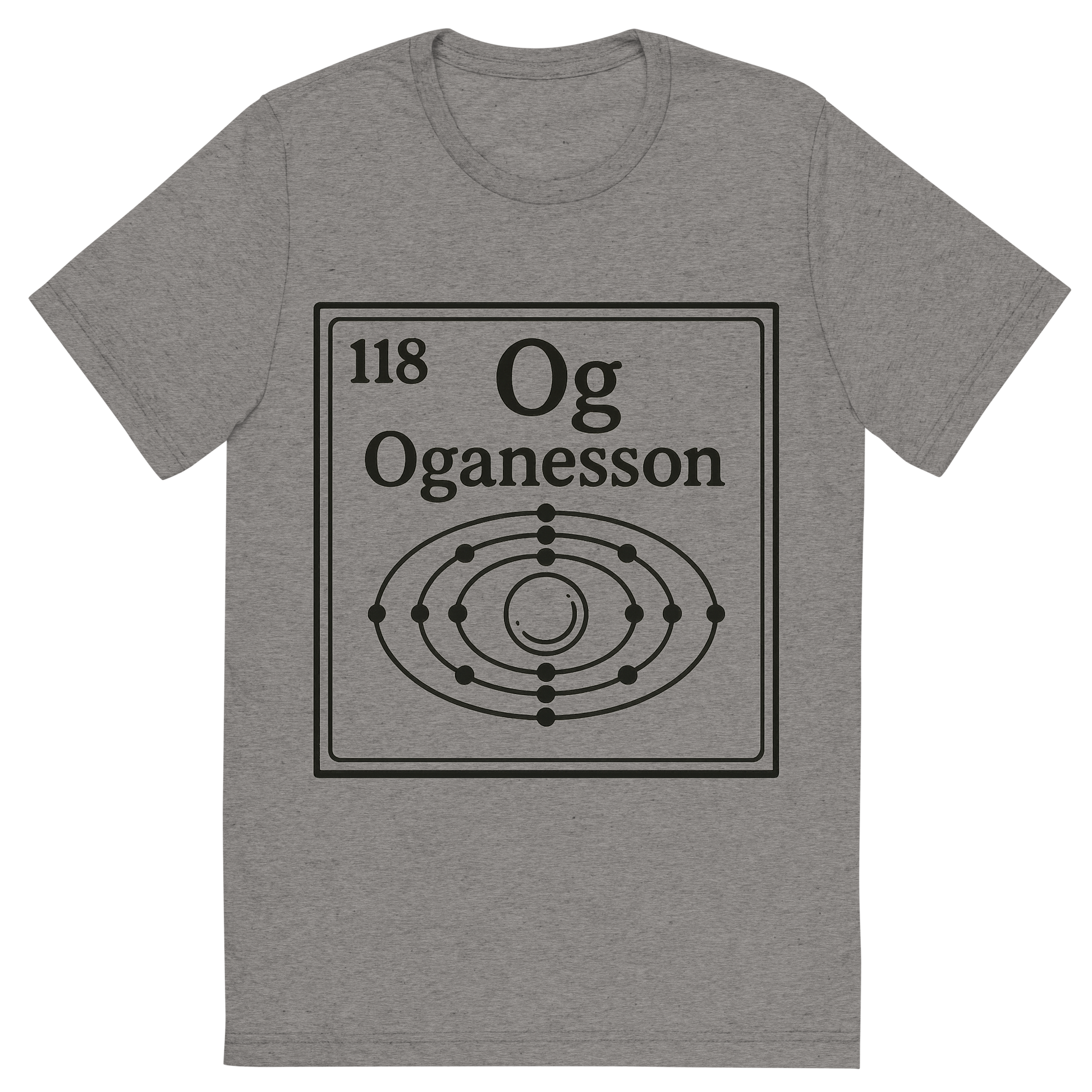 Front view of a Premium Tri-Blend Crew Neck T-Shirt in Grey showing 'A line art, nostalgic graphic of oganesson's entry on the periodic table, use a dark color for the lines and text'