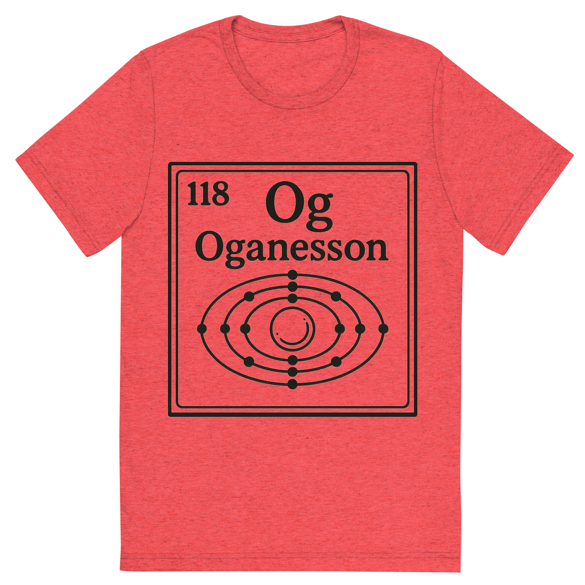 Front view of a Premium Tri-Blend Crew Neck T-Shirt in Red showing 'A line art, nostalgic graphic of oganesson's entry on the periodic table, use a dark color for the lines and text'