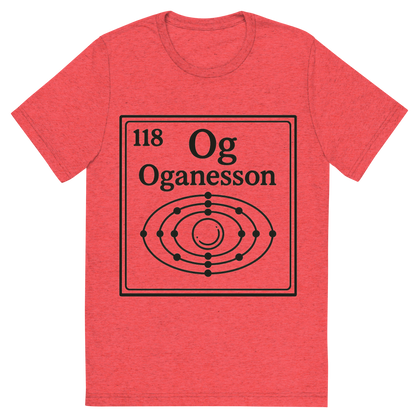 Front view of a Premium Tri-Blend Crew Neck T-Shirt in Red showing 'A line art, nostalgic graphic of oganesson's entry on the periodic table, use a dark color for the lines and text'