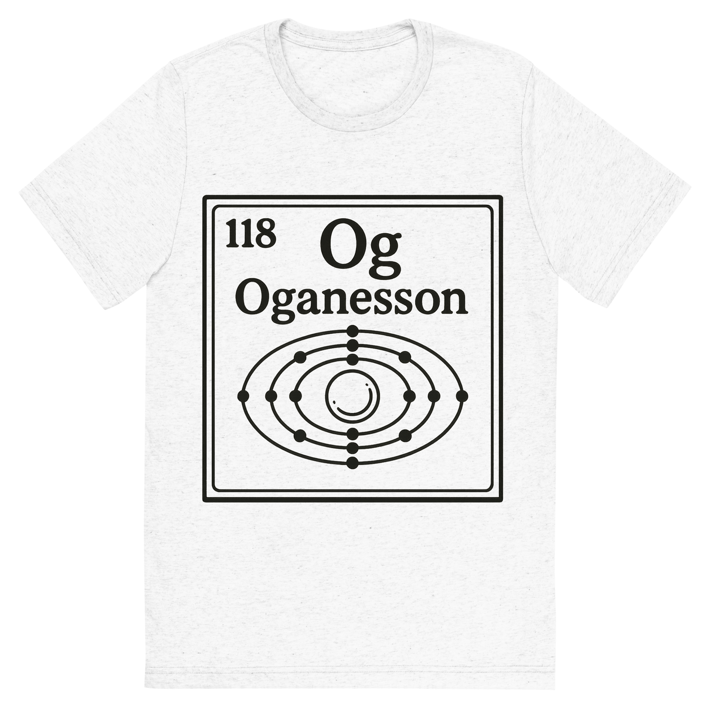 Front view of a Premium Tri-Blend Crew Neck T-Shirt in Solid White showing 'A line art, nostalgic graphic of oganesson's entry on the periodic table, use a dark color for the lines and text'
