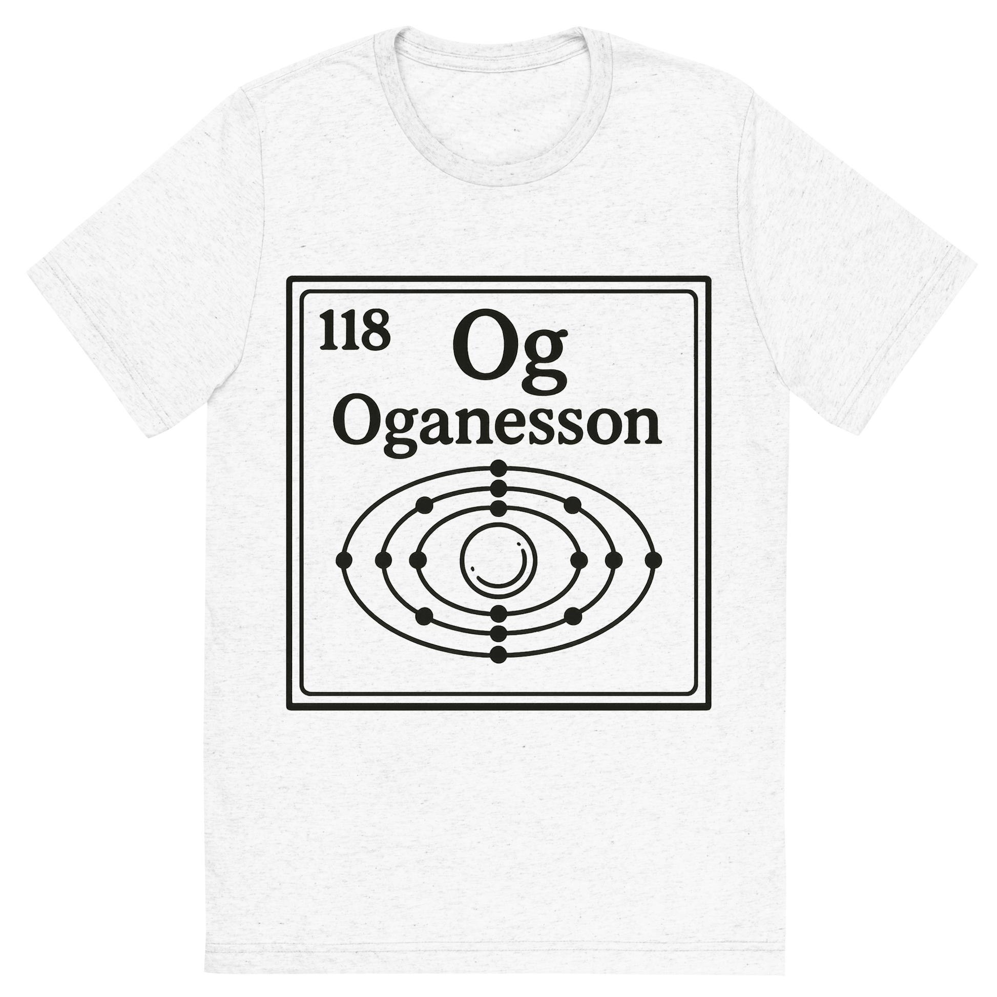 Front view of a Premium Tri-Blend Crew Neck T-Shirt in Solid White showing 'A line art, nostalgic graphic of oganesson's entry on the periodic table, use a dark color for the lines and text'