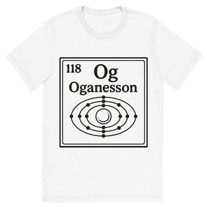 Front view of a Premium Tri-Blend Crew Neck T-Shirt in Solid White showing 'A line art, nostalgic graphic of oganesson's entry on the periodic table, use a dark color for the lines and text'