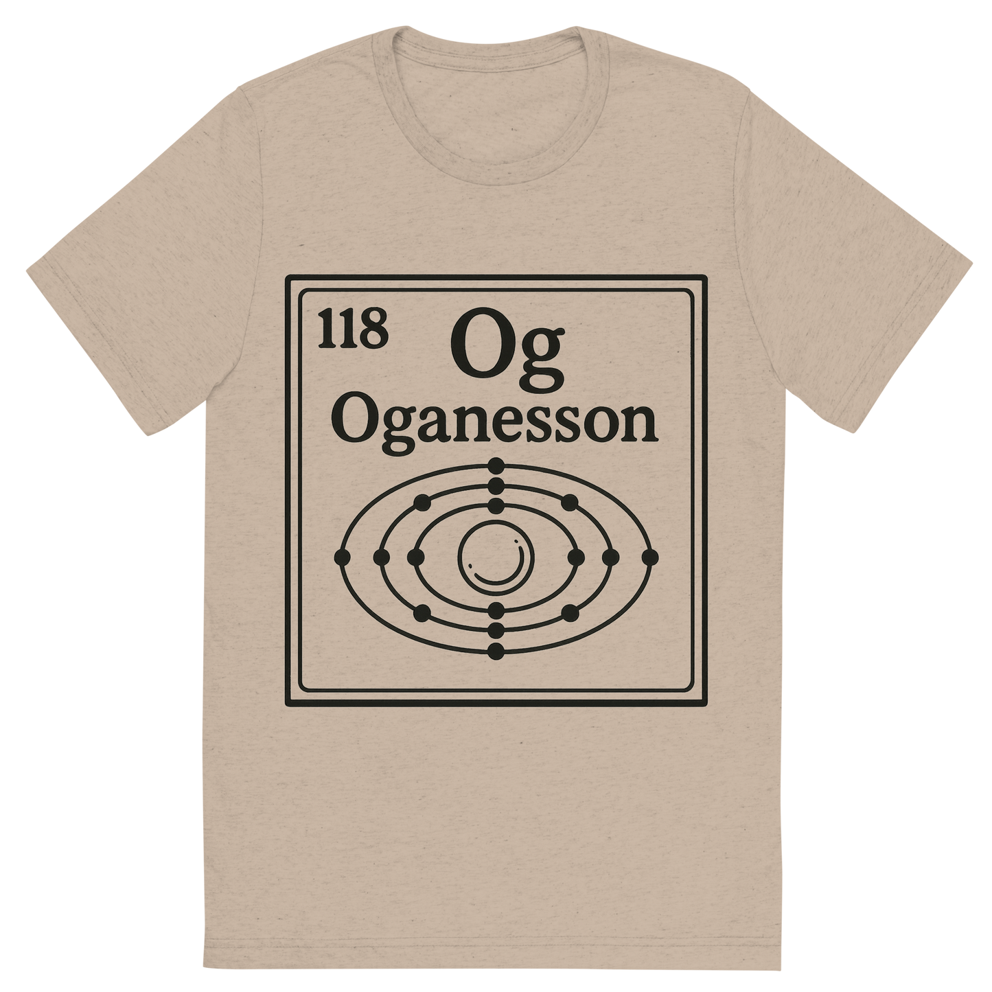 Front view of a Premium Tri-Blend Crew Neck T-Shirt in Tan showing 'A line art, nostalgic graphic of oganesson's entry on the periodic table, use a dark color for the lines and text'