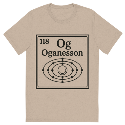 Front view of a Premium Tri-Blend Crew Neck T-Shirt in Tan showing 'A line art, nostalgic graphic of oganesson's entry on the periodic table, use a dark color for the lines and text'