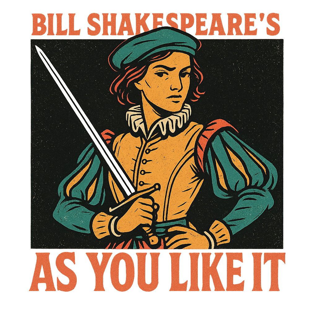 A retro, edgy graphic of a visual representation of a key theme and character from william shakespeare's as you like it – a t-shirt design