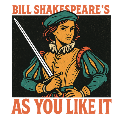 A retro, edgy graphic of a visual representation of a key theme and character from william shakespeare's as you like it – a t-shirt design